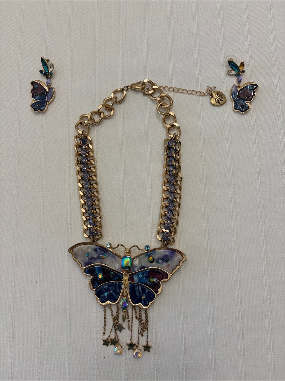 Betsey Johnson Gold-Tone Blue and Purple Butterfly Necklace with Dangle Charms